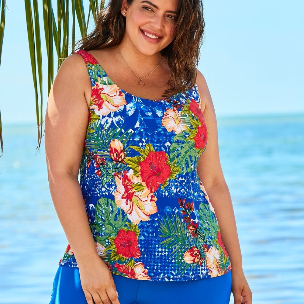 Swimsuits For All Tropical Floral Resort Tankini Top Swimsuit Plus Size 24